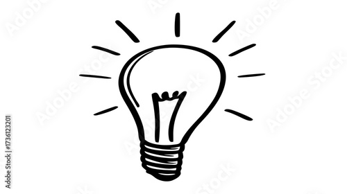 Hand-drawn lightbulb doodle with glowing lines, symbolizing a bright idea, innovation, solution, or inspiration. Creative concept.