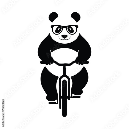 Cute panda bear wearing glasses riding a bicycle fun animal character concept silhouette