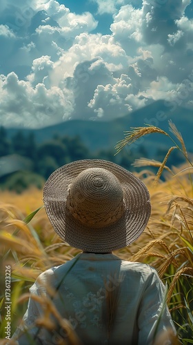 Hardworking Farmer in Straw Hat Standing Proudly in a Wheat Field Scene