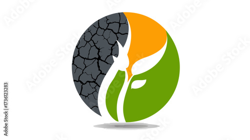 Environmental balance concept with cracked earth and growing green plant. Climate change, drought, nature restoration, sustainability, ecology illustration.