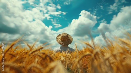 Beautiful Country Landscape with Wheat Field, Rice Field, and Blue Sky