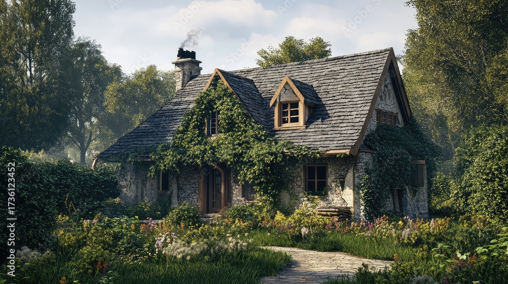 Fototapeta premium Enchanting stone cottage in a lush green garden setting