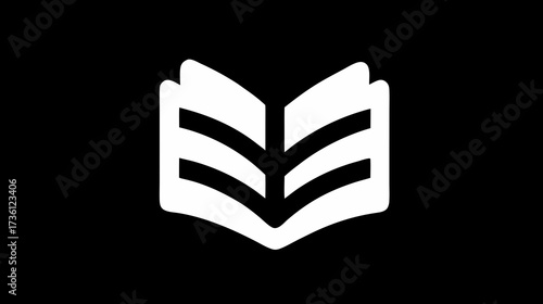 Open book icon on black background, symbolizing education, knowledge, reading, and learning. Minimalist graphic for academic and literary concepts.