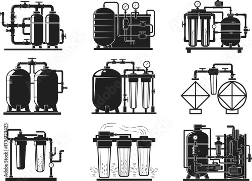 Water filter silhouette, industrial filtration system, purification equipment, black vector, wastewater treatment, clean water technology, machinery