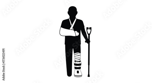 Person with broken leg and arm using crutch