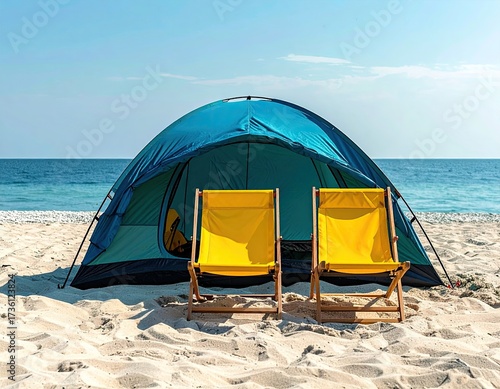 Beach scene with a tent, two yellow chairs, sand, ocean, and a clear blue sky