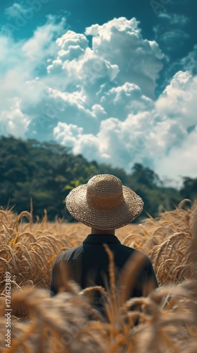 Peaceful Rural Scene of a Farmer in a Wheat Field with Big White Clouds