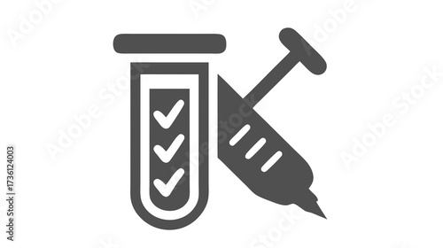 Medical Test Tube with Checkmarks and Syringe Icon - Healthcare, Lab Testing, Vaccination, and Scientific Research Symbol