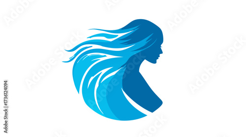 Elegant abstract blue silhouette of a woman with long, flowing wavy hair, modern profile illustration, beauty and grace
