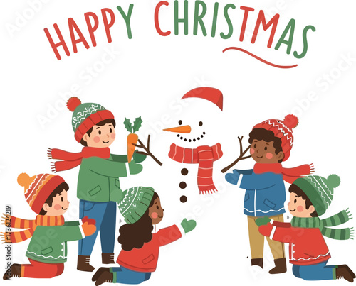 Children joyfully build a snowman celebrating happy christmas