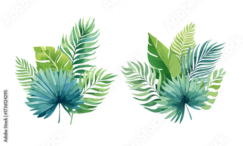 A watercolor painting of palm leaves with tropical style in deep green shades isolated on a clean white background.
