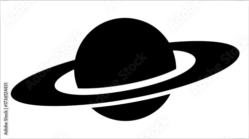 Minimalist black silhouette icon of a planet with rings. Simple vector graphic representing space, astronomy, the solar system, and cosmic exploration.