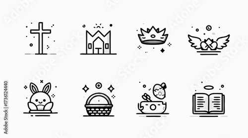 Easter and Christian holiday icons set, featuring cross, church, crown, bunny, eggs, and Bible. Outline vector collection.