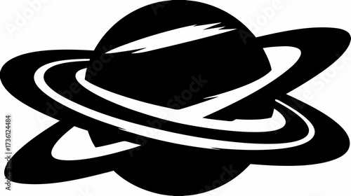 Stylized ringed planet icon, cosmic black silhouette graphic. Abstract astronomy symbol for space exploration and science fiction design.
