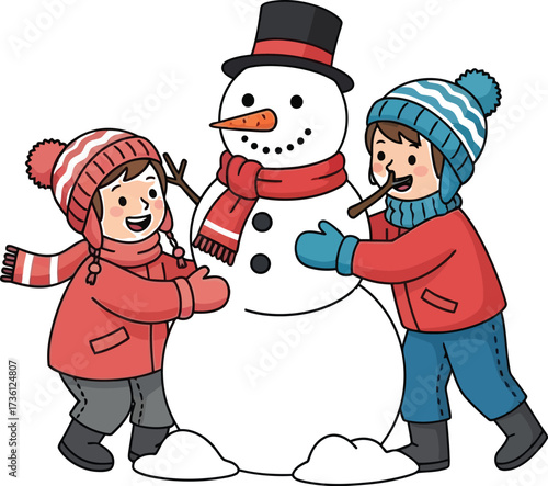 Children joyfully build a snowman together in winter scene