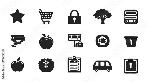 Diverse black and white flat silhouette icon set for web and app design. Includes security, shopping, food, nature, transport, business, and health concepts.