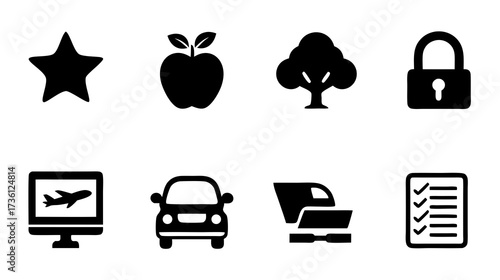 Universal black silhouette vector icons set for web, app, and UI design: star, apple, tree, padlock, flight, car, computer, and task list symbols.