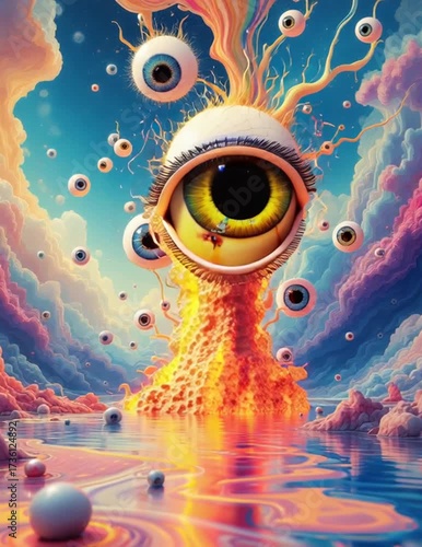 Surreal eye floating above water in dreamlike landscape