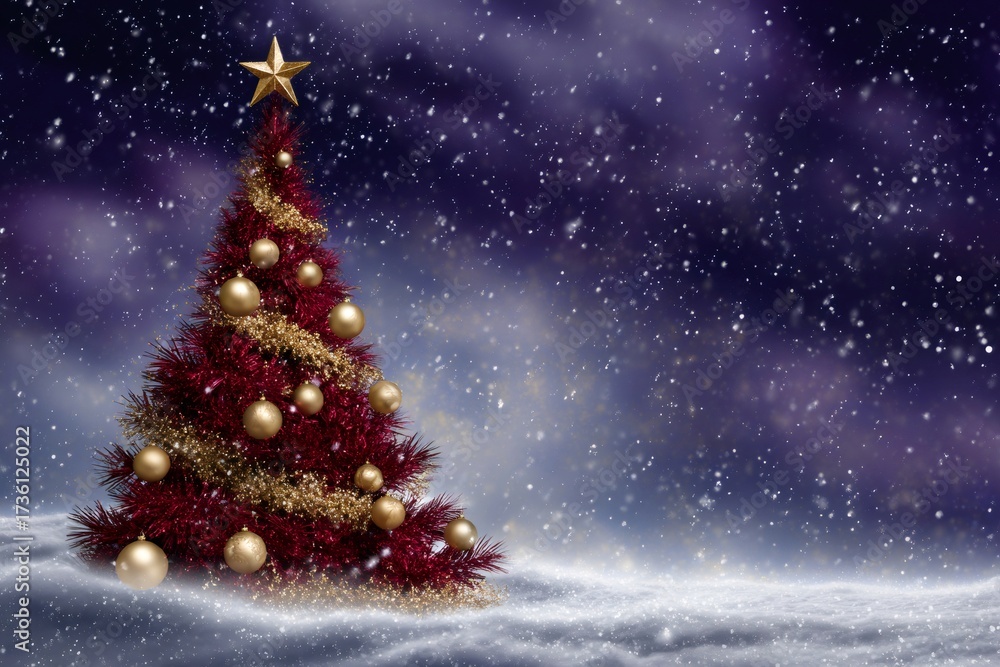 Obraz premium Decorated christmas tree standing in a snowy night