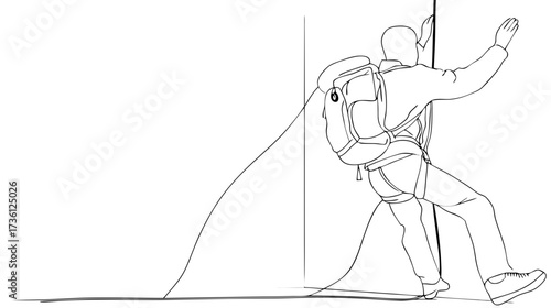 Line art illustration of a person rock climbing or rappelling a vertical surface with a backpack and safety gear, outdoor sport concept.
