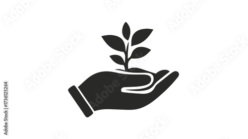 Caring hand holding a small growing plant icon, symbolizing nature, environmental protection, sustainability, and green growth.