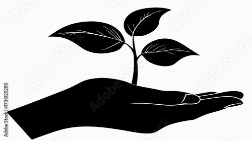 Silhouette of a hand gently holding a young plant sprout, symbolizing growth, new life, protection, and environmental care. Black and white illustration.