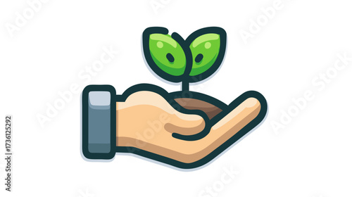Hand holding small green plant sprout, symbolizing growth, nature, cultivation, and environmental care. Icon illustration.