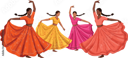 Indian traditional dance illustration, women in colorful lehenga choli, folk dance art, cultural celebration, ethnic dress, festival performance, group choreography, vibrant costumes