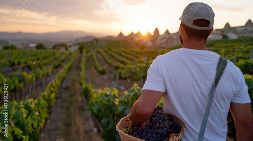 A man walks through a vibrant vineyard at sunset, carrying a basket full of grapes, symbolizing hard work, dedication to agriculture, and a deep connection to the earth and its produce.