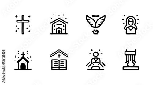 Minimalist religious line icons set: cross, church, bible, dove, praying person, and spiritual symbols collection.