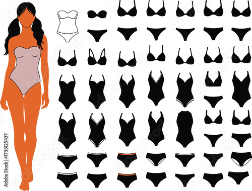 Lingerie fashion vector, women underwear set, bra and panties collection, bodysuit design, female body template, lingerie silhouette, lingerie fashion illustration