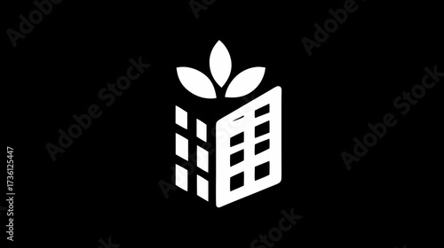 Eco-friendly building and plant leaves icon. Sustainable urban agriculture, vertical farming, green city development concept.
