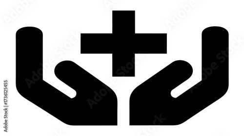 Health care hands icon, medical support symbol, well-being and assistance graphic. Human hands with a cross for health insurance concept.