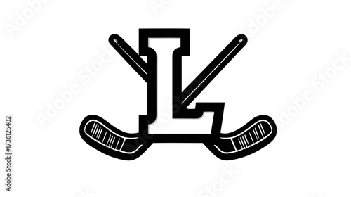 Stylized Letter L Design with Crossed Ice Hockey Sticks and Skates. Black and White Sports Emblem for Team Branding.