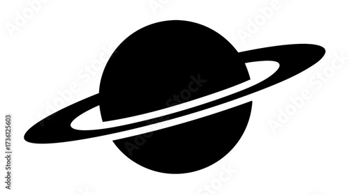 Minimalist black silhouette icon of a ringed planet, representing space, astronomy, cosmic exploration, and celestial bodies in the universe.
