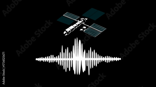 Space satellite broadcasting data signal and sound wave graphic on black background, representing global communication and technology.
