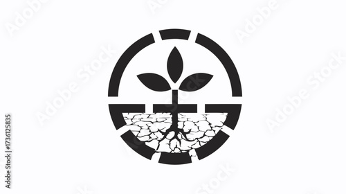 Stylized plant with roots in cracked earth, growing within a circle icon, symbolizing resilience, environmental sustainability, and overcoming challenges.