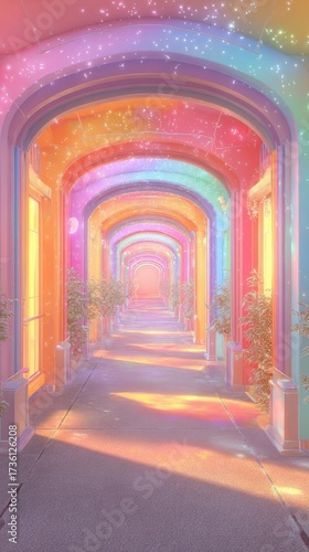 Colorful and Dreamy Hallway with Sparkling Lights and Vibrant Arches in Soft Pastels