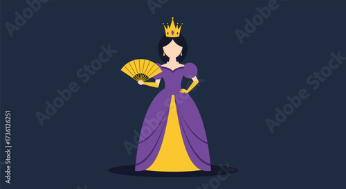 A regal queen in a flowing purple gown holds a fan.