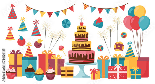 A delightful collection of birthday party elements and celebratory decorations.