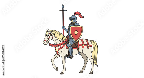 A knight in armor riding a horse holding a lance and shield.