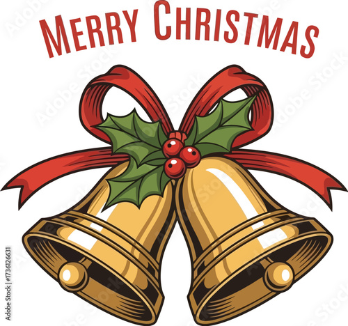 Merry christmas bells with ribbon and holly berry design