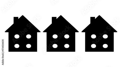 Row of three black house silhouettes with windows, graphic icon representing residential buildings, property, home, neighborhood, or real estate illustration.