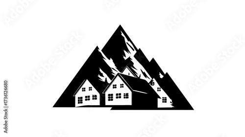 Black and white graphic illustration of houses nestled at the base of a majestic mountain range, symbolizing tranquility and nature.
