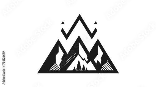 Abstract Geometric Mountain Peaks Landscape Illustration. Minimalist Black and White Outdoor Adventure Design Element