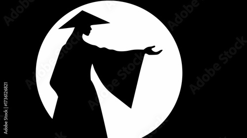Minimalist silhouette of a person in traditional Asian attire and conical hat, extending a hand against a full moon, black and white graphic.