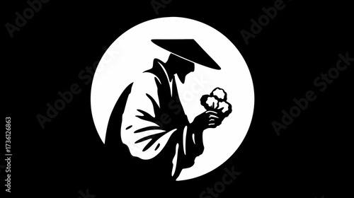 Minimalist black and white illustration of an Asian figure in a conical hat and traditional robe holding a delicate dessert, graphic design.