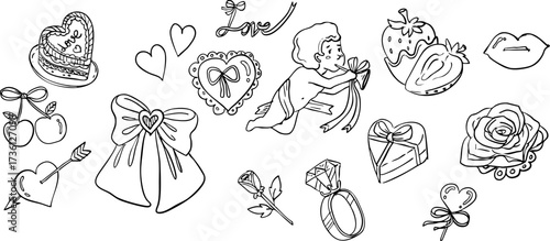 Valentine's Day whimsical Line Art Collection Black and white vector