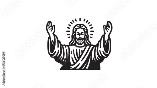 Stylized divine spiritual leader with halo and raised arms, a minimalist monochrome vector graphic representing faith and devotion.
