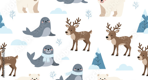 Cute arctic animals and winter landscape pattern design.